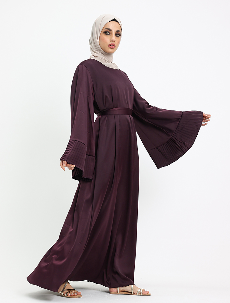 Plum Pleat Cuffs Satin Abaya