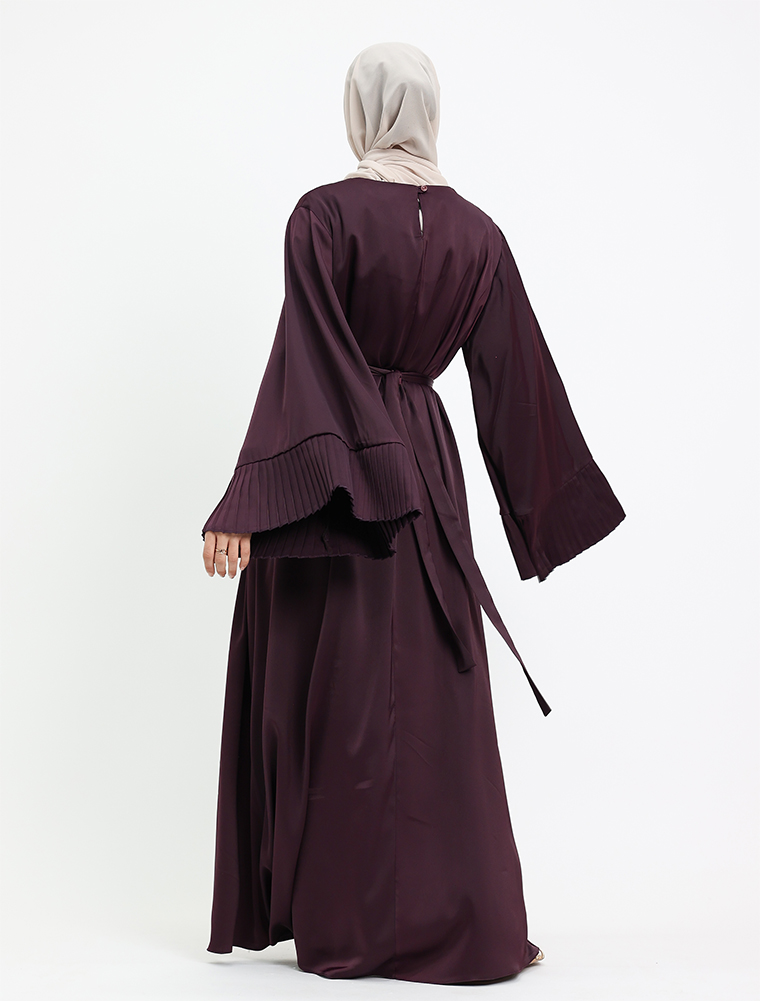 Plum Pleat Cuffs Satin Abaya