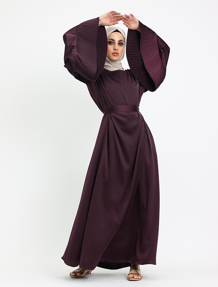 Plum Pleat Cuffs Satin Abaya