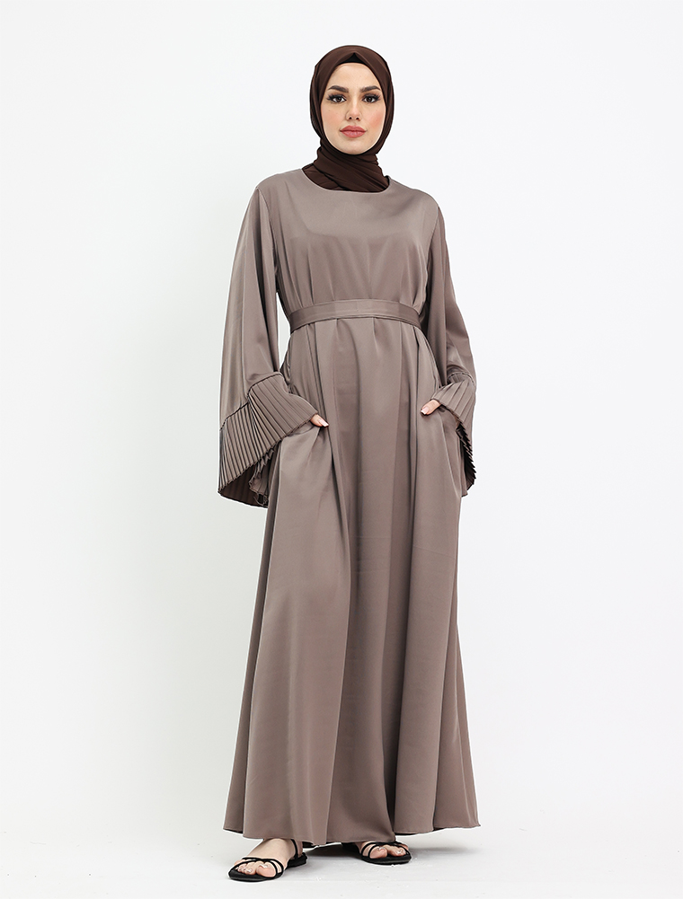 Mocha Pleat Cuffs Satin Abaya