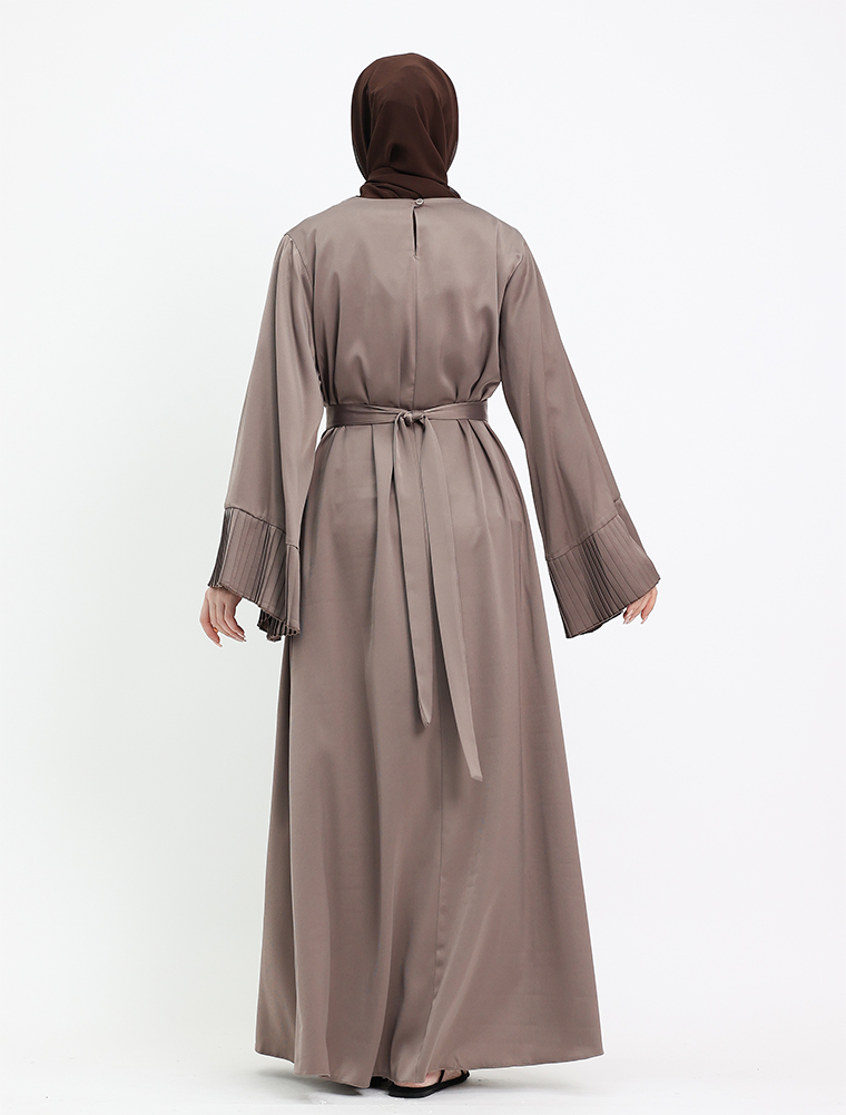 Mocha Pleat Cuffs Satin Abaya