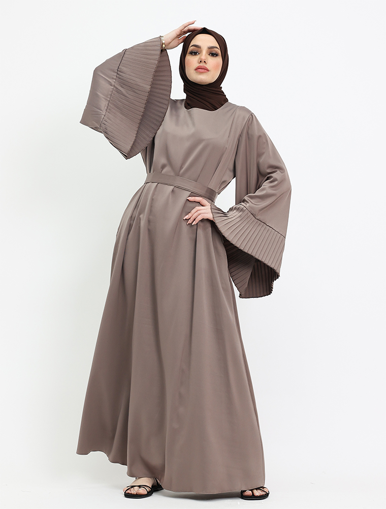 Mocha Pleat Cuffs Satin Abaya