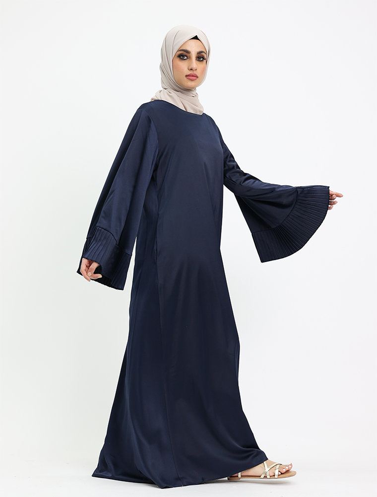 Navy Pleat Cuffs Satin Abaya