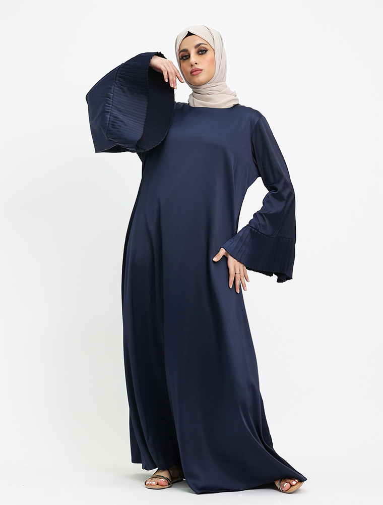 Navy Pleat Cuffs Satin Abaya