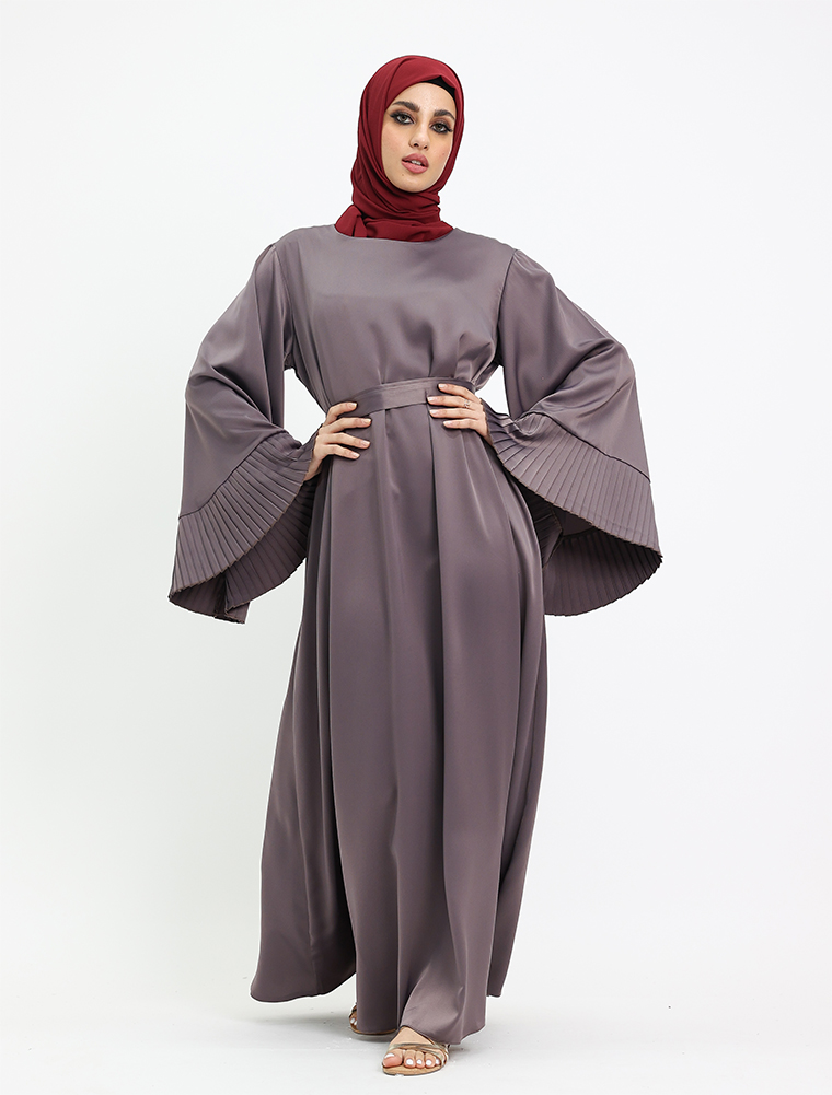 Mauve Pleat Cuffs Satin Abaya