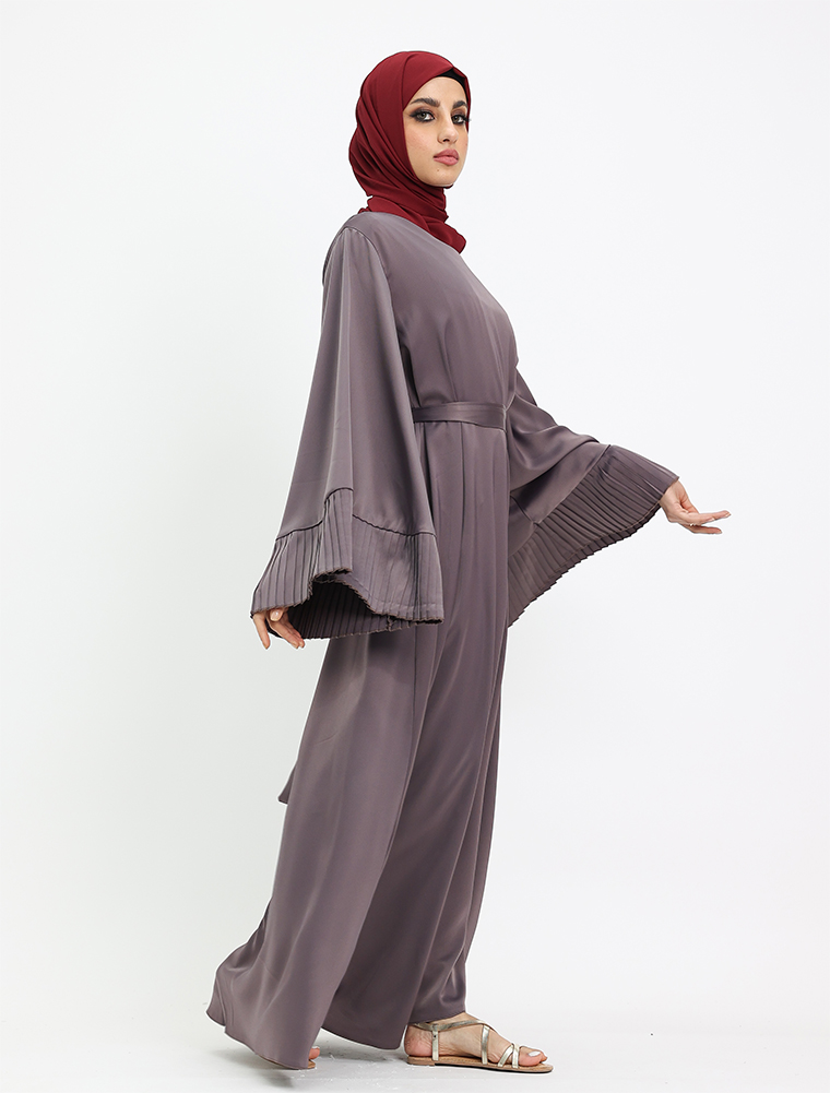 Mauve Pleat Cuffs Satin Abaya