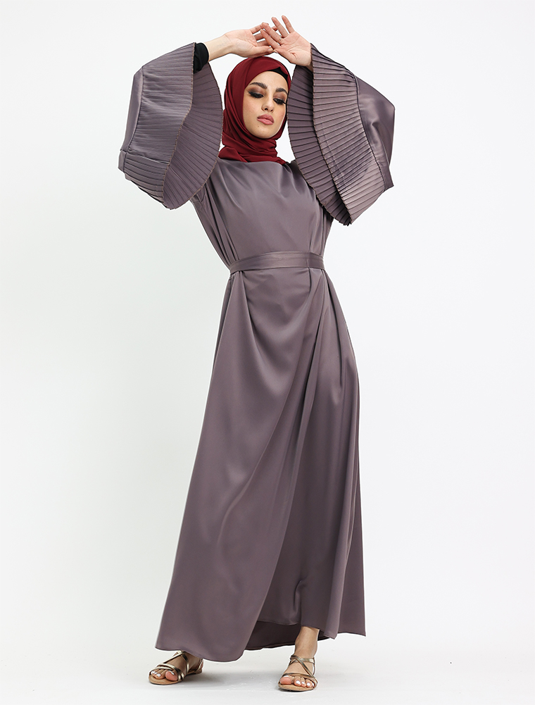 Mauve Pleat Cuffs Satin Abaya