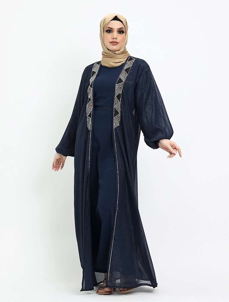 Navy 2 Piece Aztec Organza Abaya