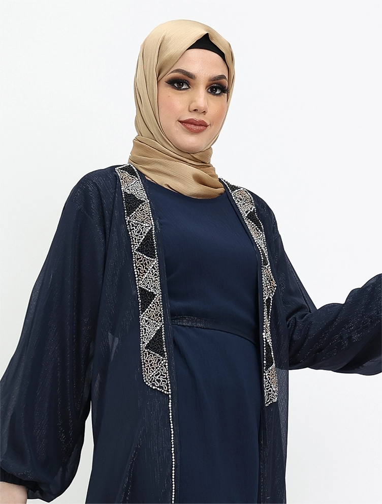 Navy 2 Piece Aztec Organza Abaya