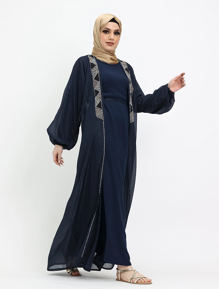 Navy 2 Piece Aztec Organza Abaya