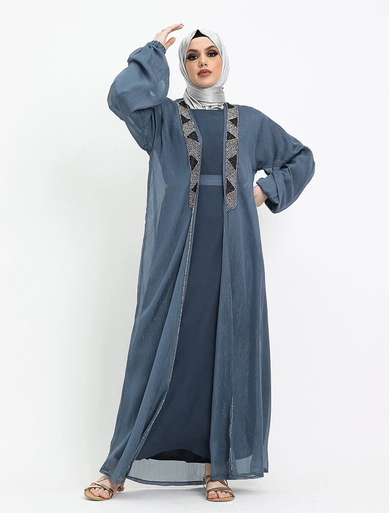 Denim 2 Piece Aztec Organza Abaya