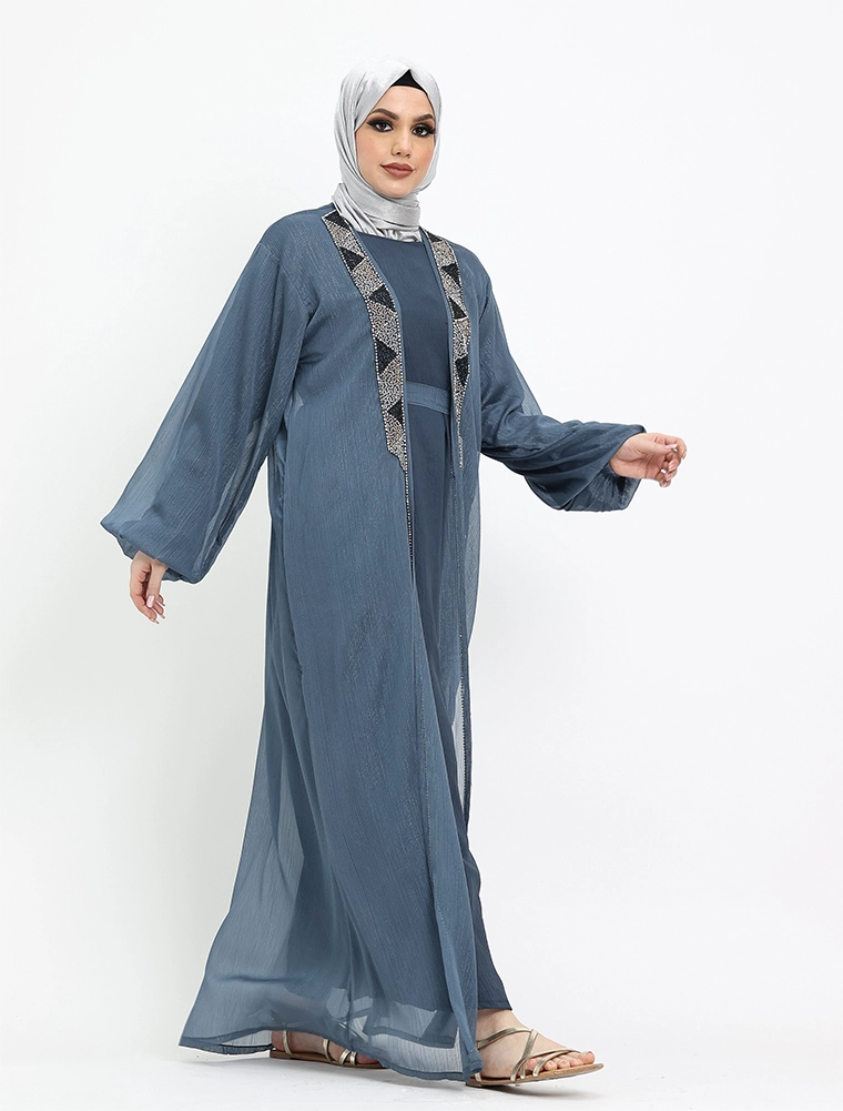 Denim 2 Piece Aztec Organza Abaya