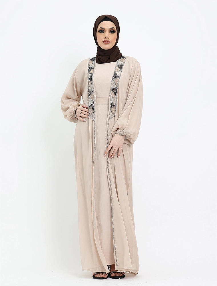 Cream 2 Piece Aztec Organza Abaya