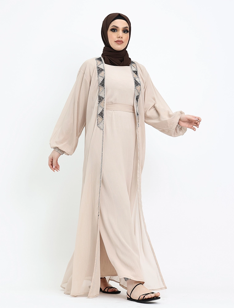 Cream 2 Piece Aztec Organza Abaya