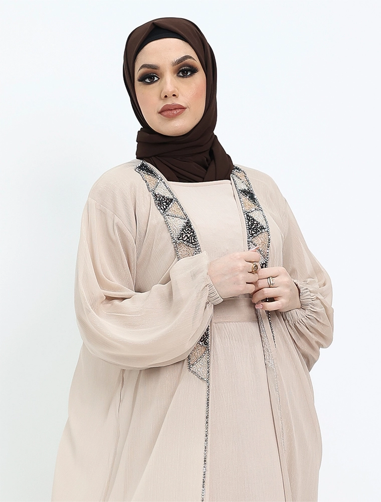 Cream 2 Piece Aztec Organza Abaya