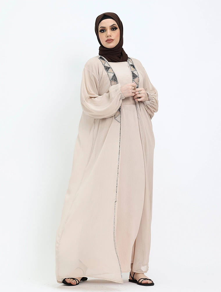 Cream 2 Piece Aztec Organza Abaya