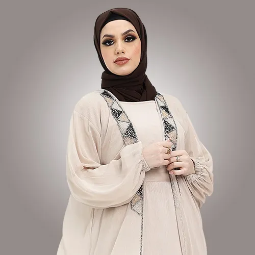 Cream 2 Piece Aztec Organza Abaya